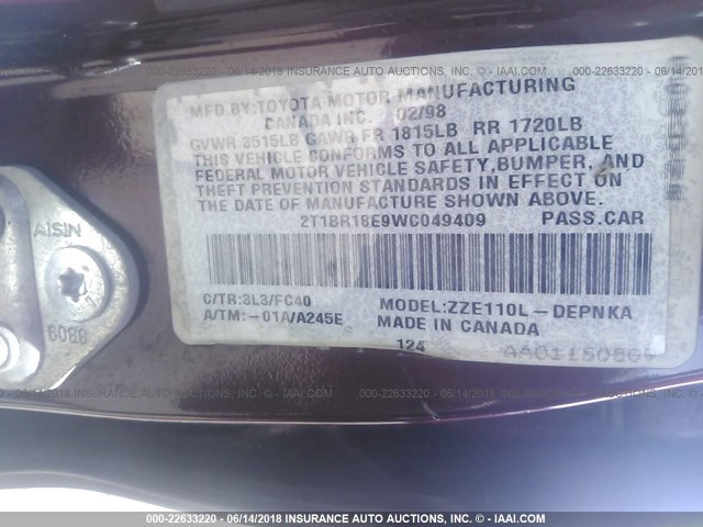 2T1BR18E9WC049409 - 1998 TOYOTA COROLLA VE/CE/LE 勃艮第红 照片 9