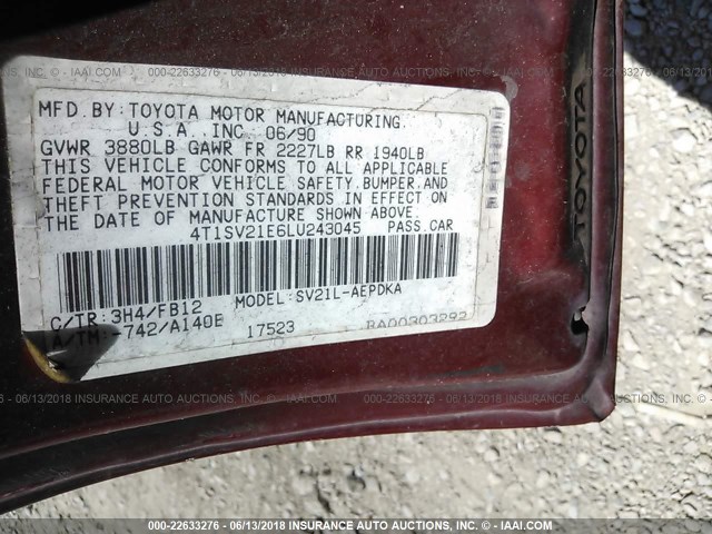 4T1SV21E6LU243045 - 1990 TOYOTA CAMRY DLX BURGUNDY photo 9