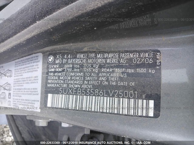 5UXFB53586LV25001 - 2006 BMW X5 4.4I GRAY photo 9