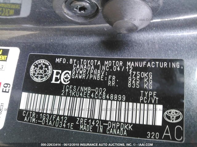 2T1KU4EE4CC848899 - 2012 TOYOTA COROLLA MATRIX  GRAY photo 9