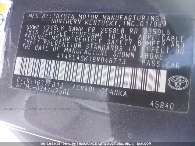 4T4BE46K18R046713 - 2008 TOYOTA CAMRY CE/LE/XLE/SE GRAY photo 9