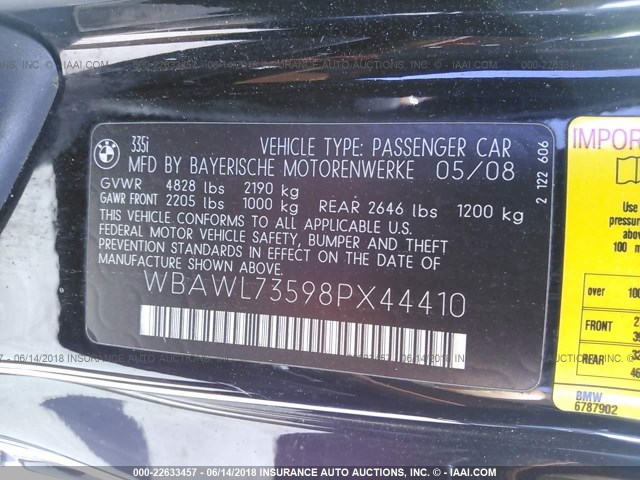 WBAWL73598PX44410 - 2008 BMW 335 I BLACK photo 9