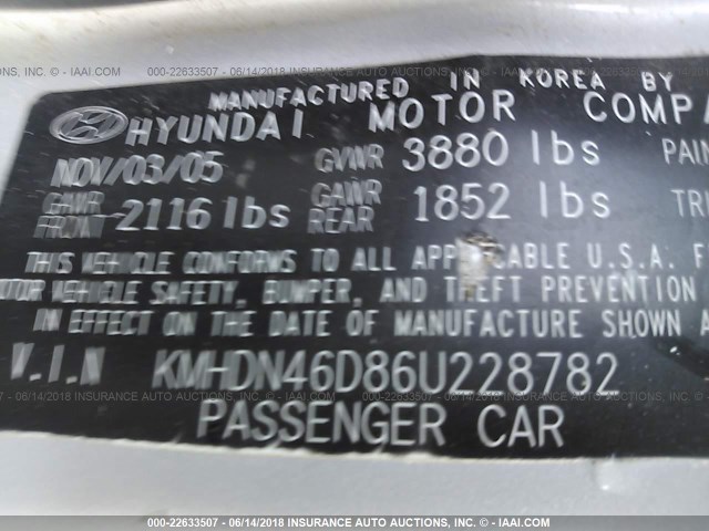 KMHDN46D86U228782 - 2006 HYUNDAI ELANTRA GLS/GT/LIMITED GRAY photo 9