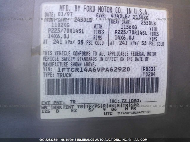 1FTCR14A6VPA62920 - 1997 FORD RANGER SUPER CAB GRAY photo 9