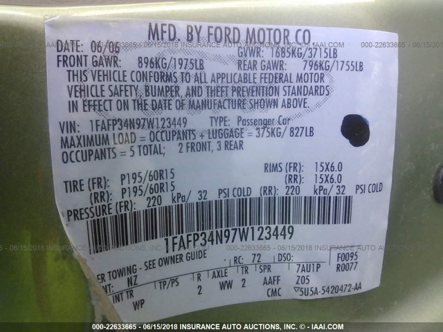 1FAFP34N97W123449 - 2007 FORD FOCUS ZX4/S/SE/SES GREEN photo 9