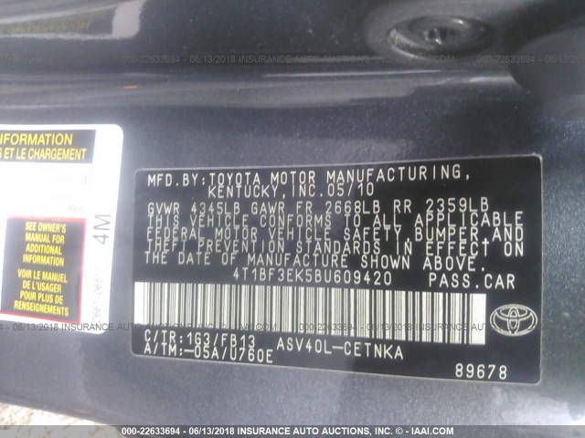 4T1BF3EK5BU609420 - 2011 TOYOTA CAMRY SE/LE/XLE GRAY photo 9
