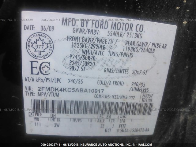 2FMDK4KC5ABA10917 - 2010 FORD EDGE LIMITED BLACK photo 9