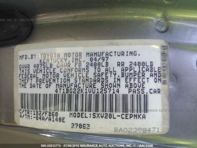 4T1BG22K1VU125714 - 1997 TOYOTA CAMRY CE/LE/XLE GRAY photo 9