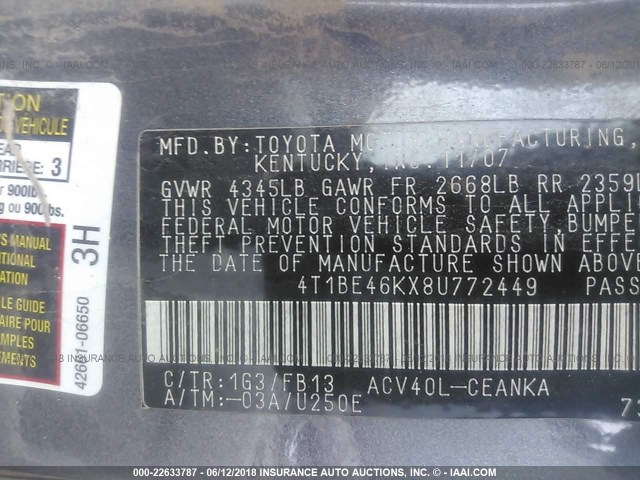 4T1BE46KX8U772449 - 2008 TOYOTA CAMRY CE/LE/XLE/SE GRAY photo 9