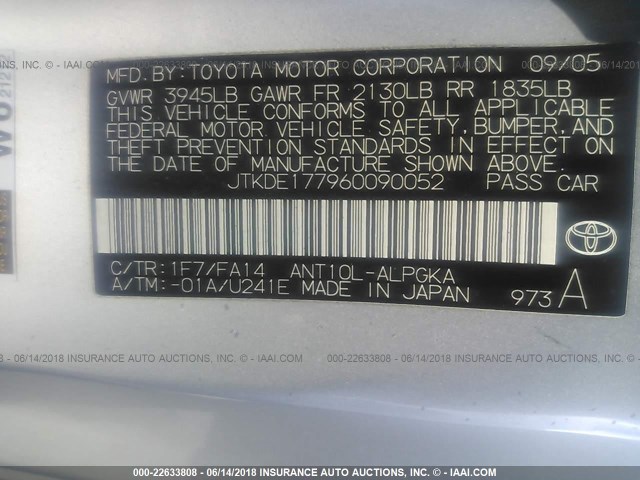 JTKDE177960090052 - 2006 TOYOTA SCION TC 银色 照片 9