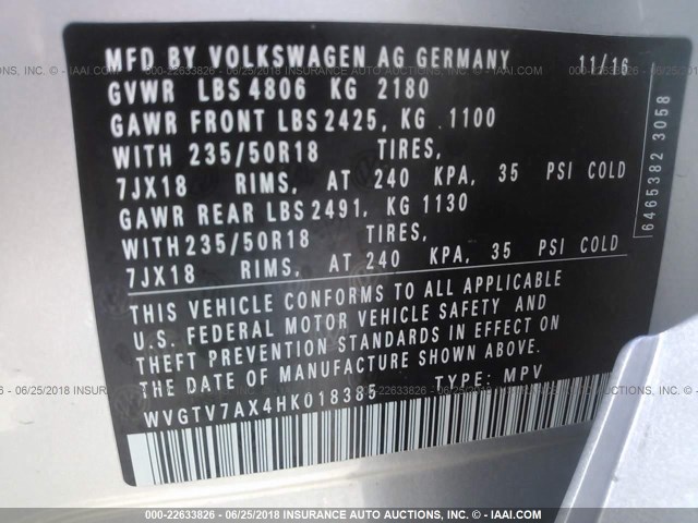 WVGTV7AX4HK018385 - 2017 VOLKSWAGEN TIGUAN SPORT 银色 照片 9