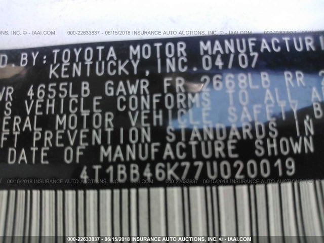 4T1BB46K77U020019 - 2007 TOYOTA CAMRY NEW GENERATION HYBRID WHITE photo 9