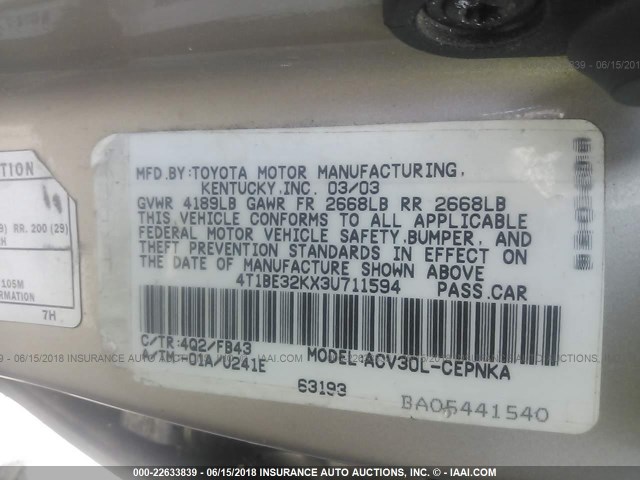 4T1BE32KX3U711594 - 2003 TOYOTA CAMRY LE/XLE/SE თაფლისფერი ფოტო 9