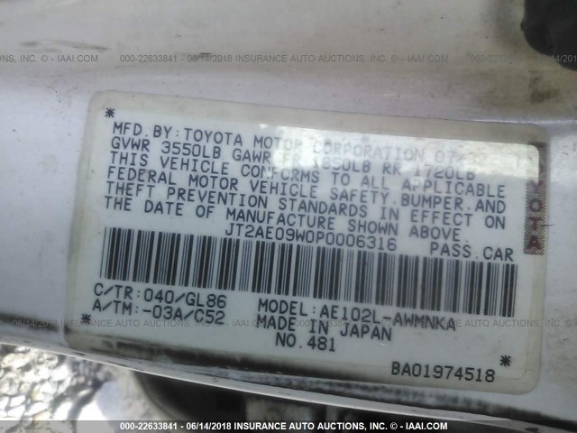 JT2AE09W0P0006316 - 1993 TOYOTA COROLLA DX WHITE photo 9