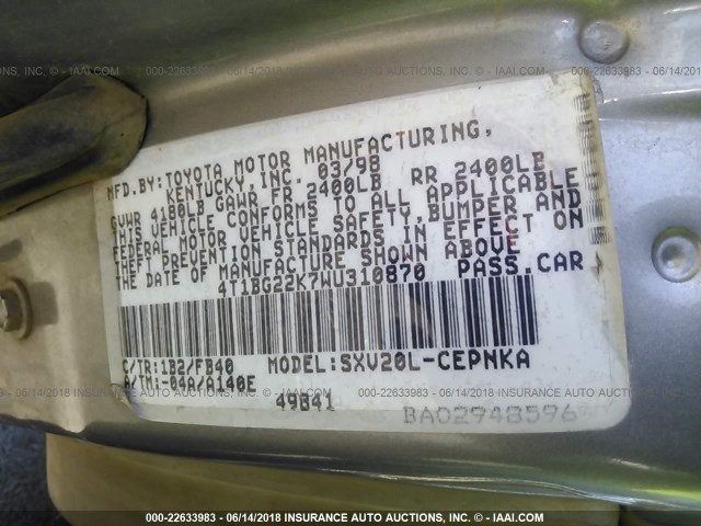 4T1BG22K7WU310870 - 1998 TOYOTA CAMRY CE/LE/XLE GRAY photo 9