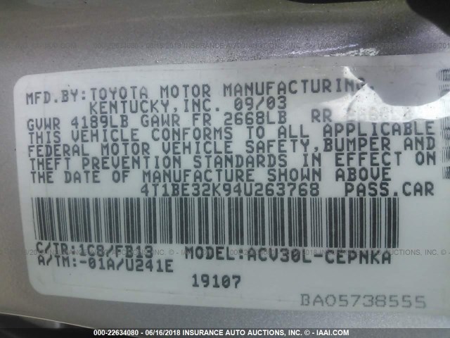 4T1BE32K94U263768 - 2004 TOYOTA CAMRY LE/XLE/SE ვერცხლისფერი ფოტო 9