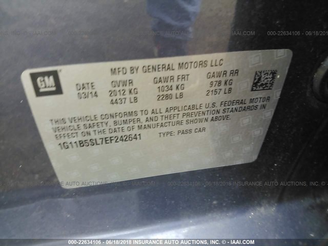 1G11B5SL7EF242641 - 2014 CHEVROLET MALIBU LS 蓝色 照片 9