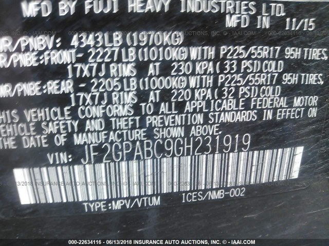 JF2GPABC9GH231919 - 2016 SUBARU CROSSTREK PREMIUM შავი ფოტო 9