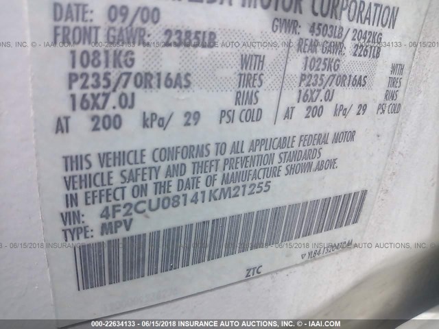 4F2CU08141KM21255 - 2001 MAZDA TRIBUTE LX/ES 白色 照片 9