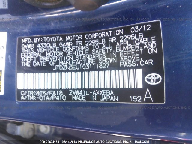 JTDZN3EU1C3111827 - 2012 TOYOTA PRIUS V BLUE photo 9