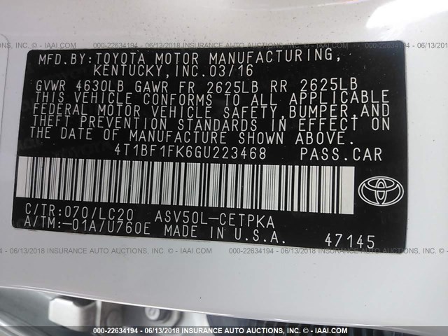 4T1BF1FK6GU223468 - 2016 TOYOTA CAMRY LE/XLE/SE/XSE WHITE photo 9