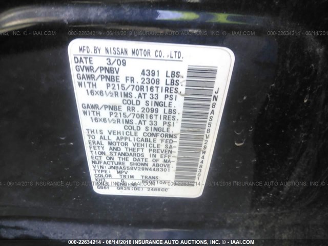 JN8AS58V29W448301 - 2009 NISSAN ROGUE S/SL BLACK photo 9