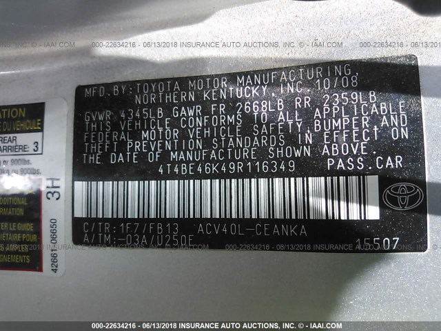 4T4BE46K49R116349 - 2009 TOYOTA CAMRY SE/LE/XLE 银色 照片 9
