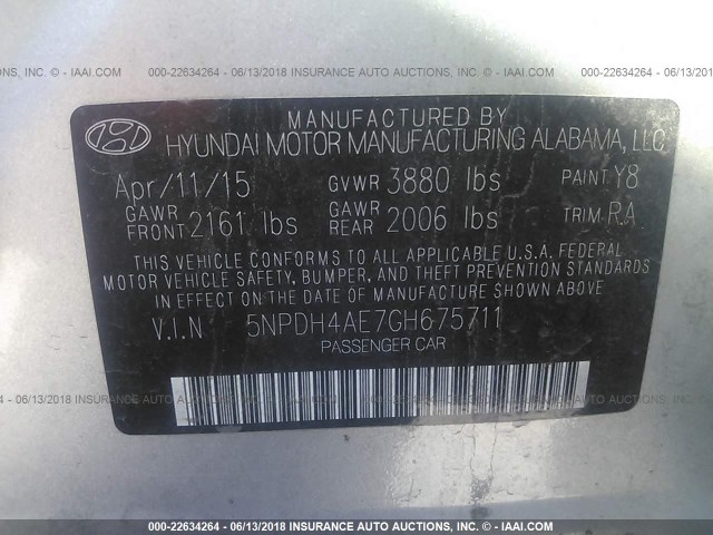 5NPDH4AE7GH675711 - 2016 HYUNDAI ELANTRA SE/SPORT/LIMITED SILVER photo 9