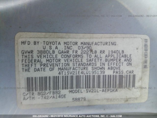 4T1SV21E4LU195139 - 1990 TOYOTA CAMRY DLX BLUE photo 9