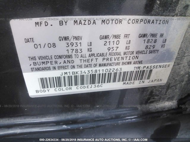 JM1BK343581102263 - 2008 MAZDA 3 HATCHBACK GRAY photo 9