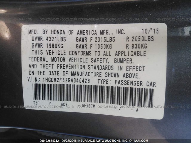 1HGCR2F52GA040426 - 2016 HONDA ACCORD SPORT GRAY photo 9