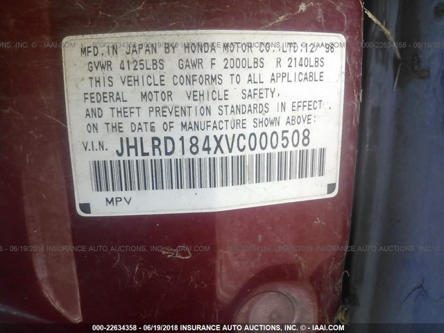 JHLRD184XVC000508 - 1997 HONDA CR-V LX RED photo 9