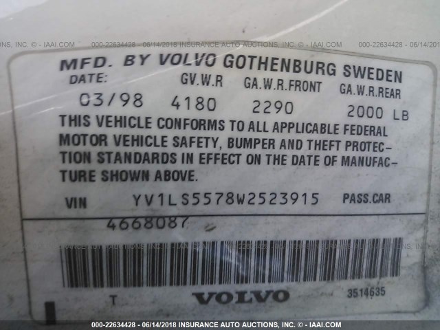 YV1LS5578W2523915 - 1998 VOLVO S70 WHITE photo 9