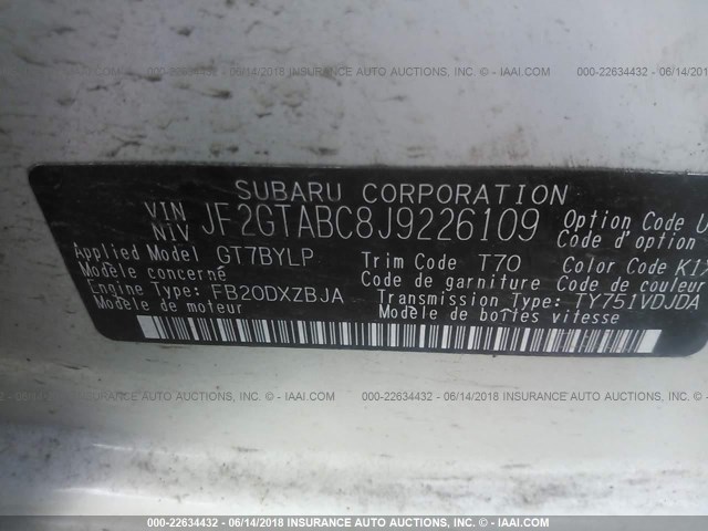 JF2GTABC8J9226109 - 2018 SUBARU CROSSTREK PREMIUM თეთრი ფოტო 9