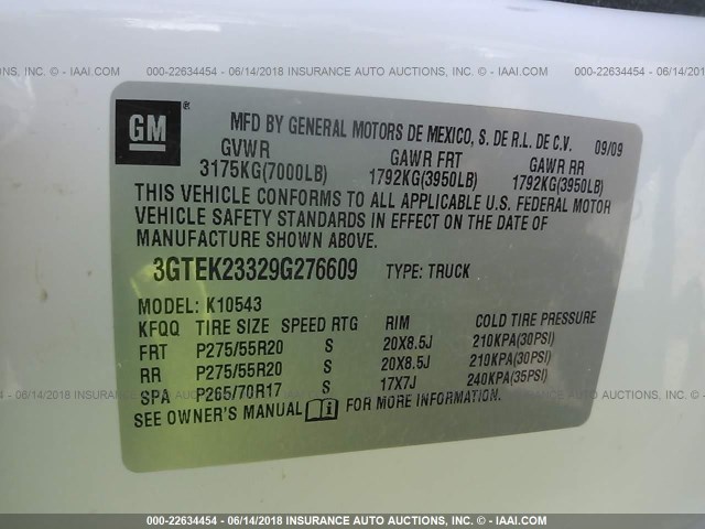 3GTEK23329G276609 - 2009 GMC SIERRA K1500 SLE WHITE photo 9