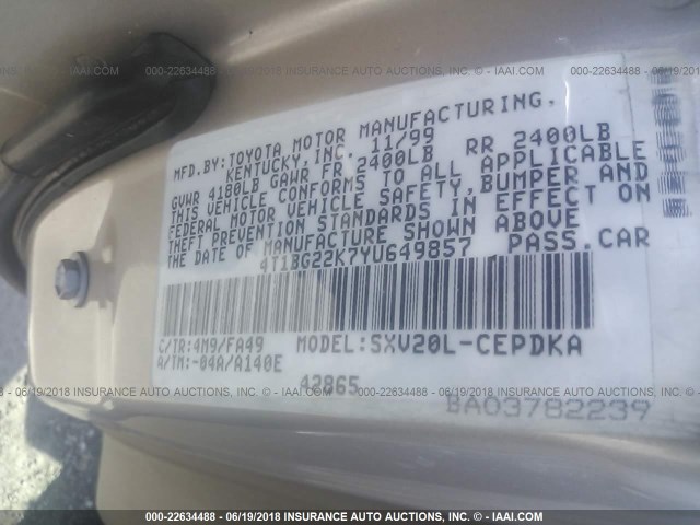 4T1BG22K7YU649857 - 2000 TOYOTA CAMRY CE/LE/XLE 金色 照片 9