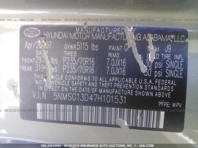 5NMSG13D47H101531 - 2007 HYUNDAI SANTA FE GLS GREEN photo 9