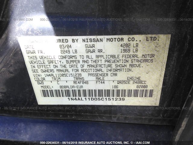 1N4AL11D05C151239 - 2005 NISSAN ALTIMA S/SL BLUE photo 9