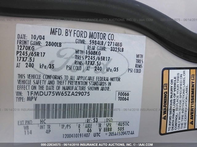 1FMDU75W65ZA29075 - 2005 FORD EXPLORER LIMITED WHITE photo 9