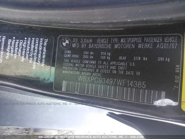 WBXPC93497WF14385 - 2007 BMW X3 3.0SI BLUE photo 9