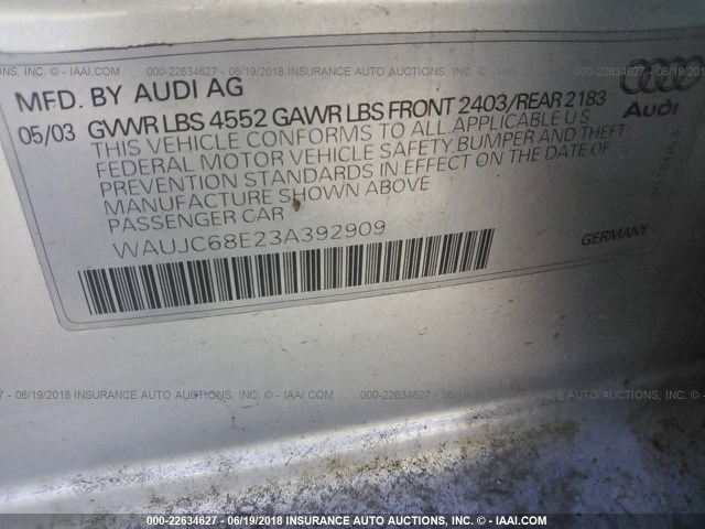 WAUJC68E23A392909 - 2003 AUDI A4 1.8T SILVER photo 9