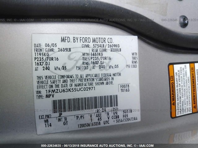 1FMZU63K55UC02971 - 2005 FORD EXPLORER XLT/XLT SPORT/NBX 银色 照片 9