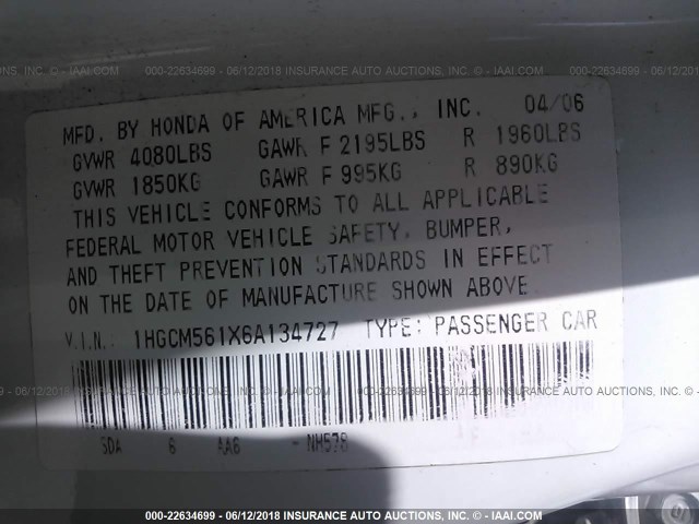 1HGCM561X6A134727 - 2006 HONDA ACCORD VALUE WHITE photo 9