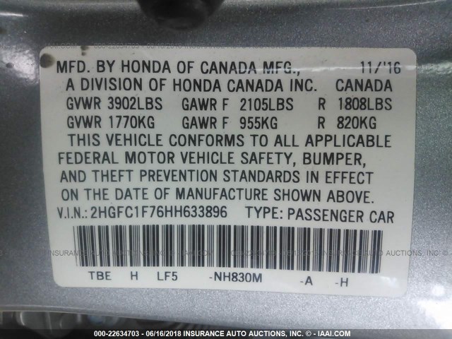 2HGFC1F76HH633896 - 2017 HONDA CIVIC EXL SILVER photo 9