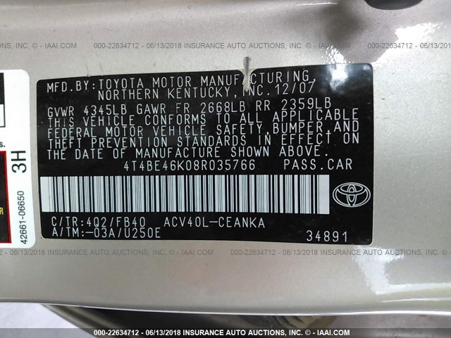 4T4BE46K08R035766 - 2008 TOYOTA CAMRY CE/LE/XLE/SE GOLD photo 9