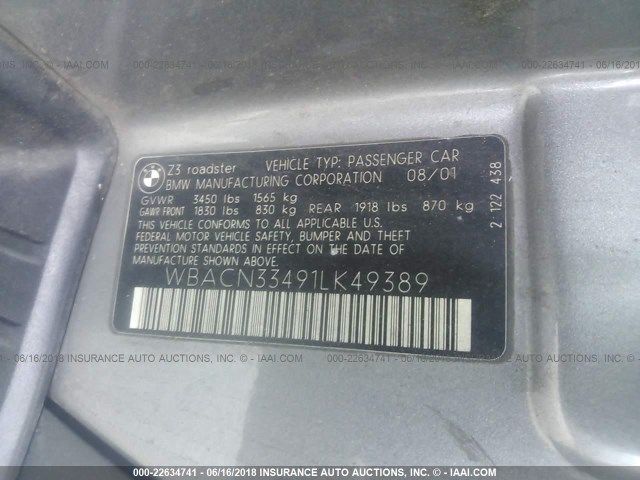 WBACN33491LK49389 - 2001 BMW Z3 2.5 SILVER photo 9
