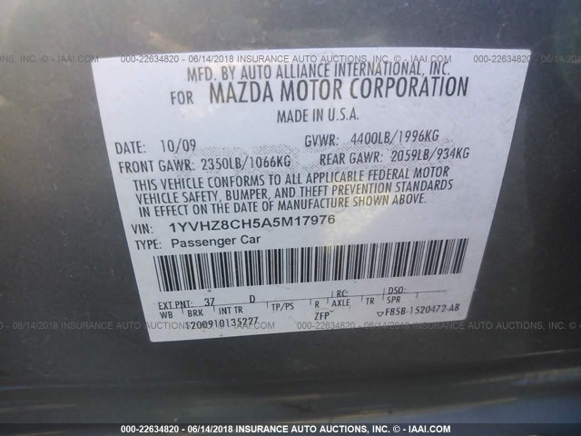 1YVHZ8CH5A5M17976 - 2010 MAZDA 6 I Grau Foto 9