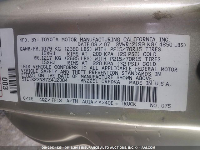 5TETX22N87Z412304 - 2007 TOYOTA TACOMA ACCESS CAB Gold Foto 9