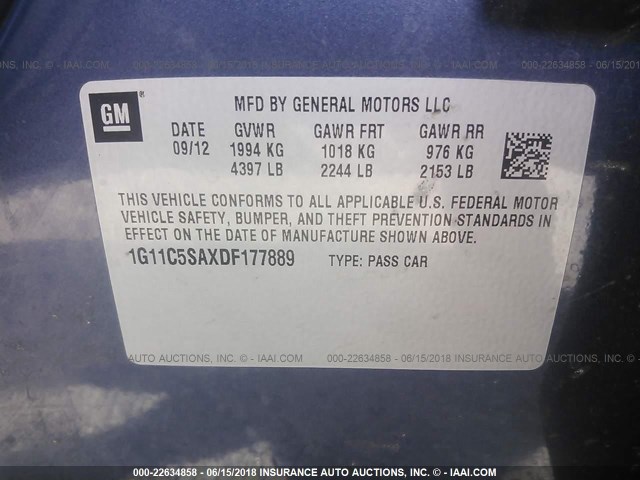 1G11C5SAXDF177889 - 2013 CHEVROLET MALIBU 1LT 蓝色 照片 9