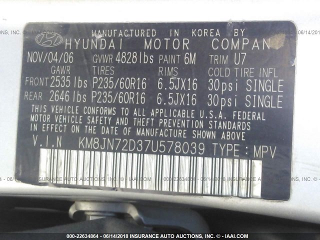 KM8JN72D37U578039 - 2007 HYUNDAI TUCSON SE/LIMITED SILVER photo 9